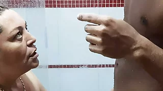 A rich hot shower with my beautiful stepmother. Part 2. How yummy sucks my cock